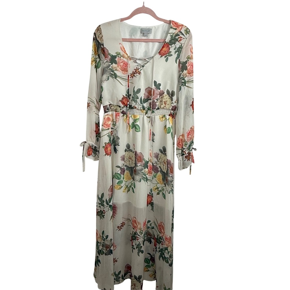 Belle Sky Floral Maxi Dress Womens Medium Cream Rose Print Lace Up Smocked Waist
